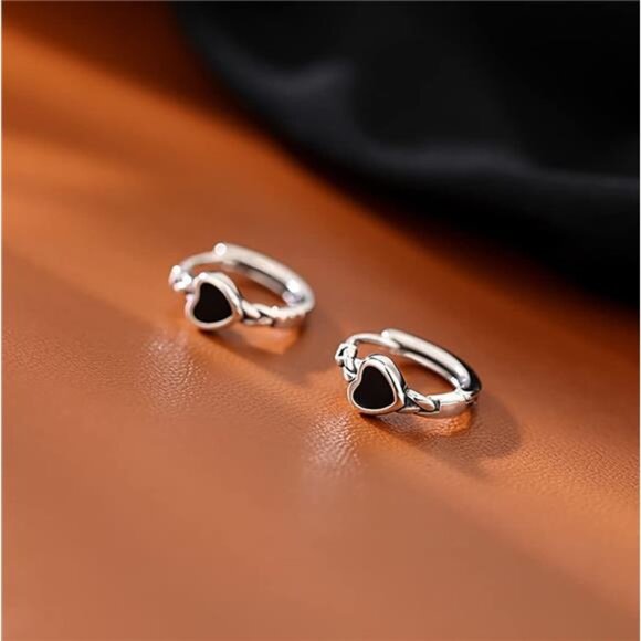 Solid 925 Sterling Silver Black Heart Hoop Earrings for Women Teens - Picture 6 of 7